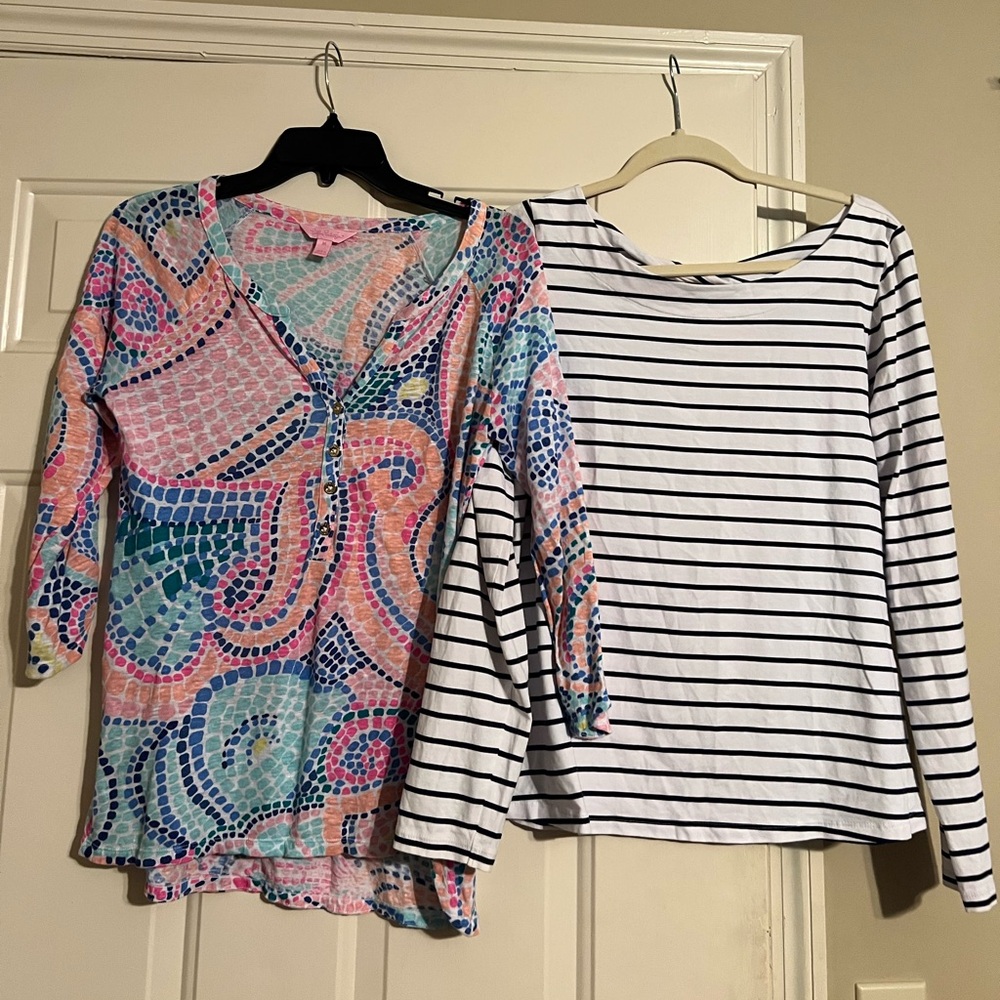 LOT OF two M Lilly Pulitzer tops NWOT Linen Mosaic  & Cotton  Striped